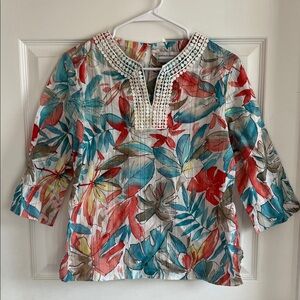 Floral Multicolor Blouse with Beaded Neckline
